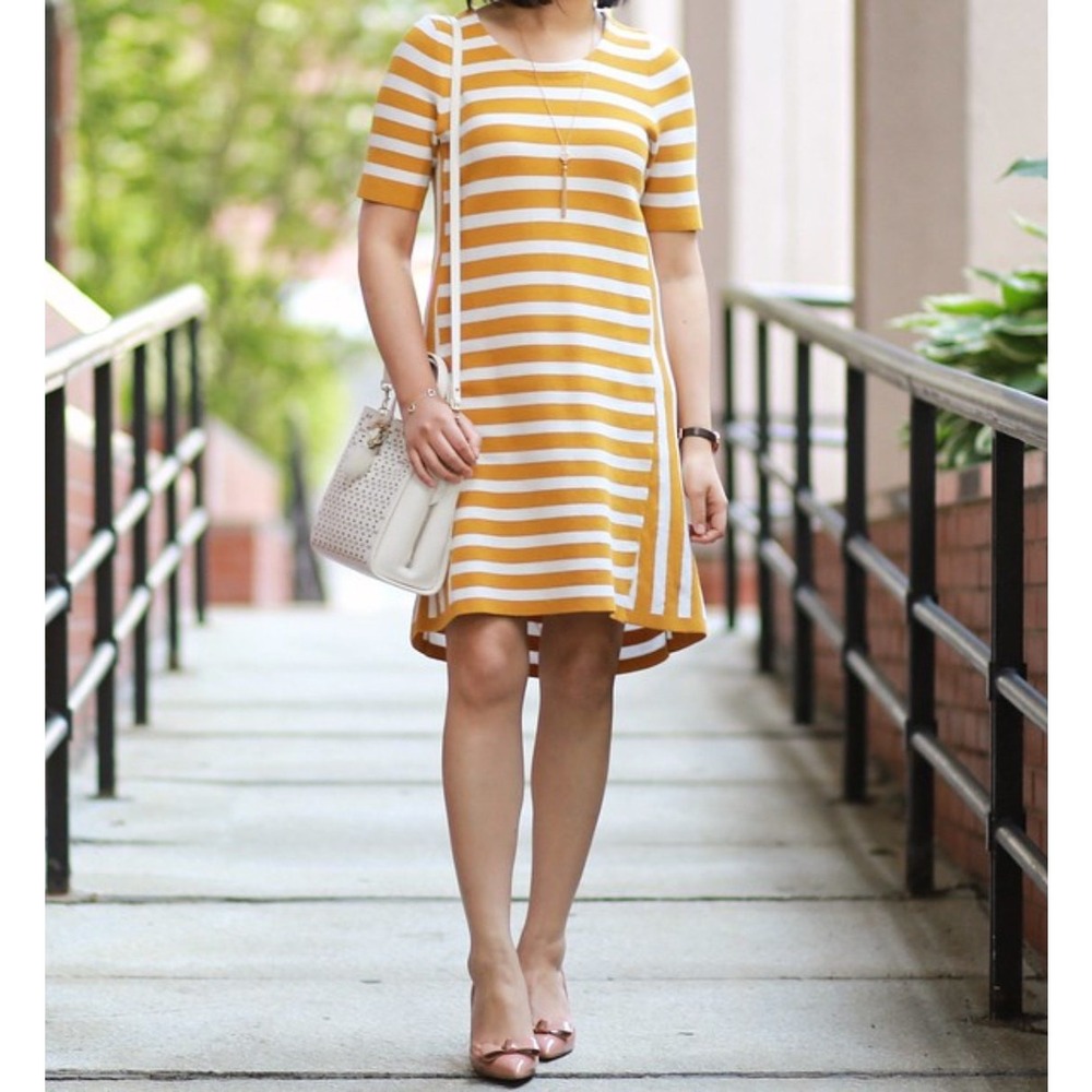 Ann Taylor Womens Mustard Yellow White Striped Cotton Shift Dress Size Large